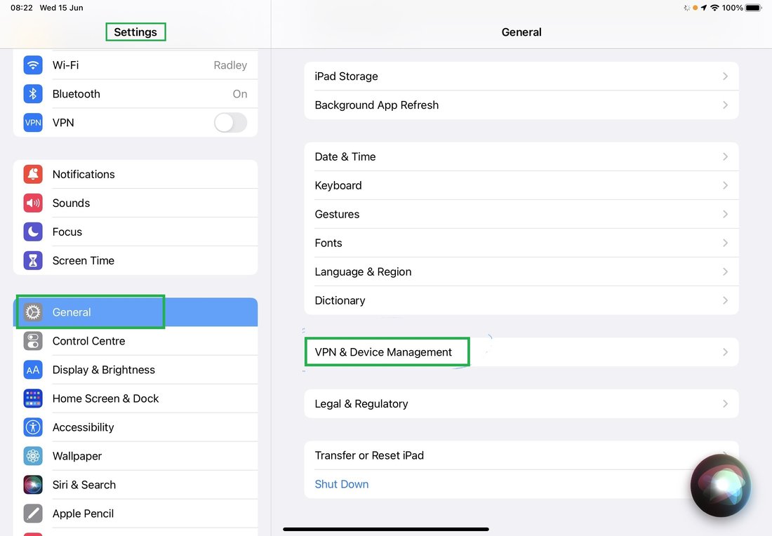 Ajustes de iOS: General > VPN y administración de dispositivos