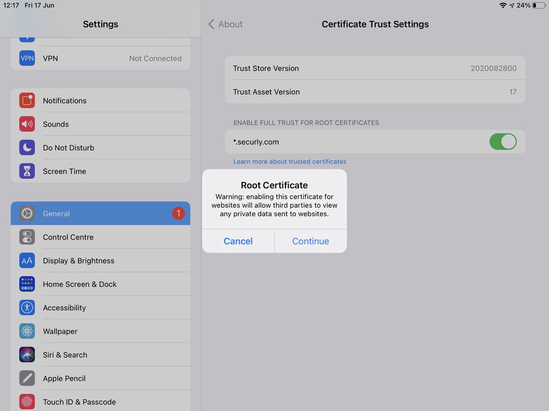 Certificado SSL de Text2 Barcode totalmente confiable, visible como Perfil de Configuración