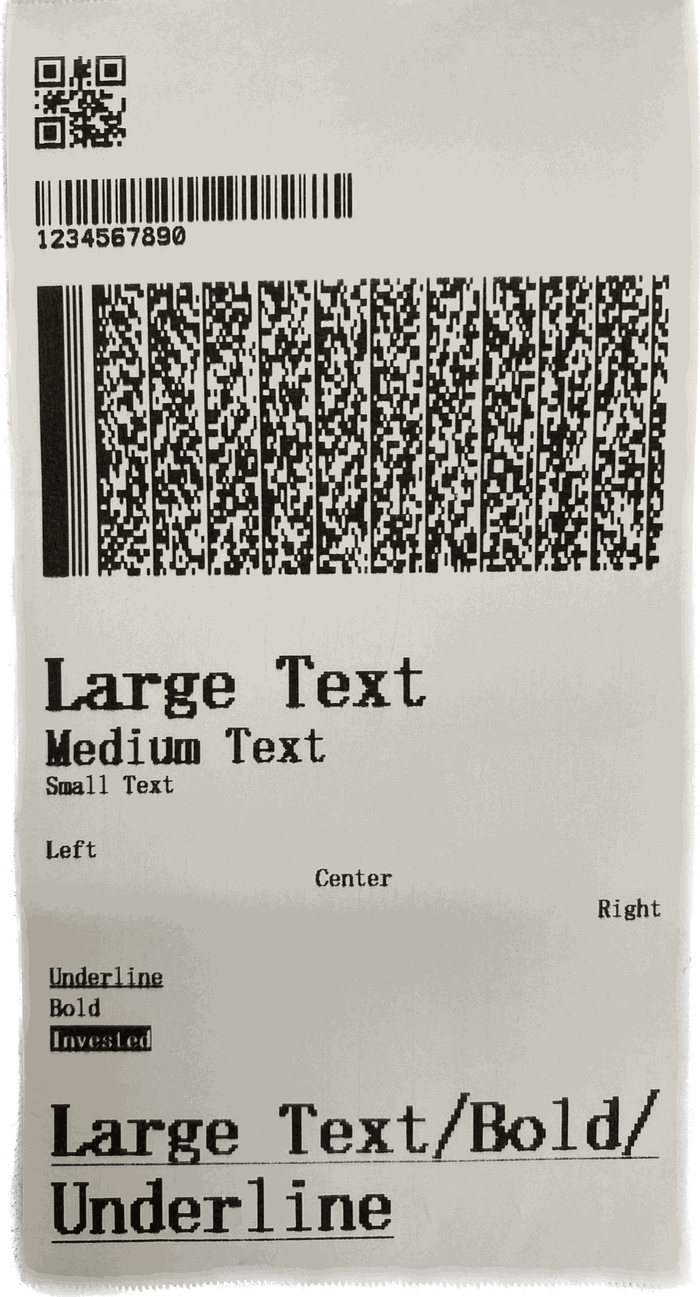 Recibo impreso con texto grande, negrita y subrayado usando el comando Text ESC/POS
